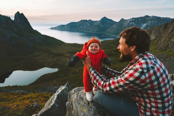 Wall Mural - Father hiking with infant baby travel family healthy lifestyle adventure vacations trip in mountains happy smiling baby daughter with dad together outdoor
