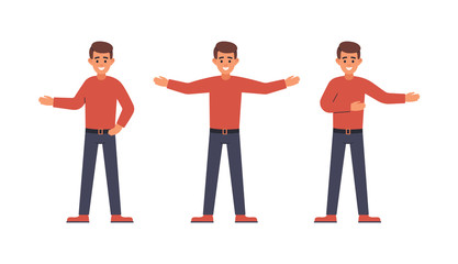 Caucasian handsome man in casual clothes with different hands poses. Male cartoon character with open arms. Vector illustration in cartoon style.