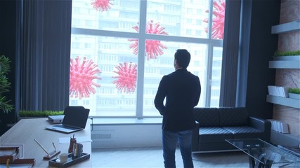 Wall Mural - Coronavirus quarantine concept. Businesman looking at corona viruses at street, staying at office and stop working. Illustration of covid pandemic panic and financial crisis.