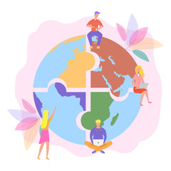 Wall Mural - People connecting puzzle elements in the form of a planet.The concept of sorting and recycling garbage. Removal and disposal of waste, metaphors for cleaning the planet from plastic. 