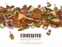 Poster With Finger Food Background, Template For Menu, Horizontal Border. Snacks, Appetizers, Mini Canapes, Sandwiches, Seafood, Hamburger, Rolls. Vector Illustration In Color Hand Drawn Sketch Style