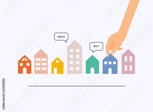 Fotografía Hand holding home with Buy or Rent speech bubbles