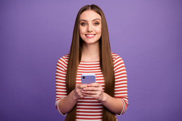 Poster - Positive cheerful charming cute pretty girl use smartphone enjoy online social media communication texting typing post comment wear good look sweater isolated violet color background