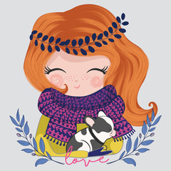 Wall Mural - Cute girl in winter thema with little dog, vector illustration, kids fashion artworks.