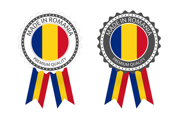 Wall Mural - Two modern vector Made in Romania labels isolated on white background, simple stickers in Romanian colors, premium quality stamp design, flag of Romania