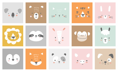  Cute simple animal portraits - hare, tiger, bear, sloth, cat, koala, fox, alpaca, llama, panda, penguin, lion, dog, goat, pig. Designs for baby clothes. Hand drawn characters. Vector illustration.