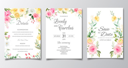 Elegant wedding invitation card set template with colorful flower and greenery leaves