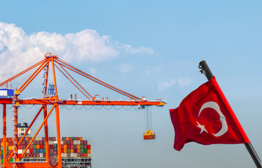 Port cargo crane, ship and container, Mersin, Turkey