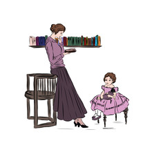 Mother Reads Book Leaning On Chair To Her Daughter Who Sitting On Sofa And Holding Doll. Ladies In Vintage Style From The Nineteenth Century. 