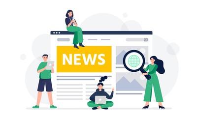 Wall Mural - News page concept with people. Modern young men and women use smartphones to read news. Use mobile phones. tablet and laptop to read news. Vector flat concept illustration for banner, sites, apps.