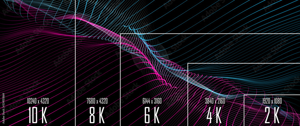 Ilustração 10K/ 8K/ 6K / 4K / 2K tv resolution display with comparison ...