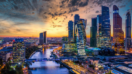 Wall Mural - Moscow city skyscraper and skyline architecture, Moscow international business financial office with Moscow river, Aerial view skyscraper of Moscow City business center in autumn season, Russia.
