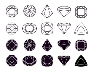 Wall Mural - Diamonds icons. Geometric jewelry symbols, shapes luxury brilliants. Isolated line and silhouette gemstone vector set. Gemstone jewelry shape, geometric crystal brilliant illustration