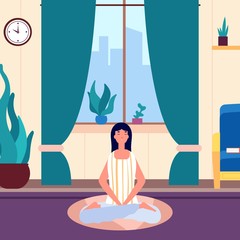 Sticker - Meditation woman. Girl keep calm in living room. Yoga workout, morning or evening relax. Female saving balance vector illustration. Girl yoga health and workout, female exercise meditate