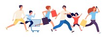 Shopping People. Man Woman Kids Run To Store. Sale Time, Black Friday Or Discount Season. Customers With Bags And Market Basket Vector Illustration. Shopper Customer Run To Mall To Buying