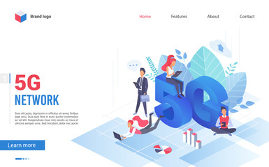 Wall Mural - people with gadgets using extreme high speed 5g internet connection vector illustration website land