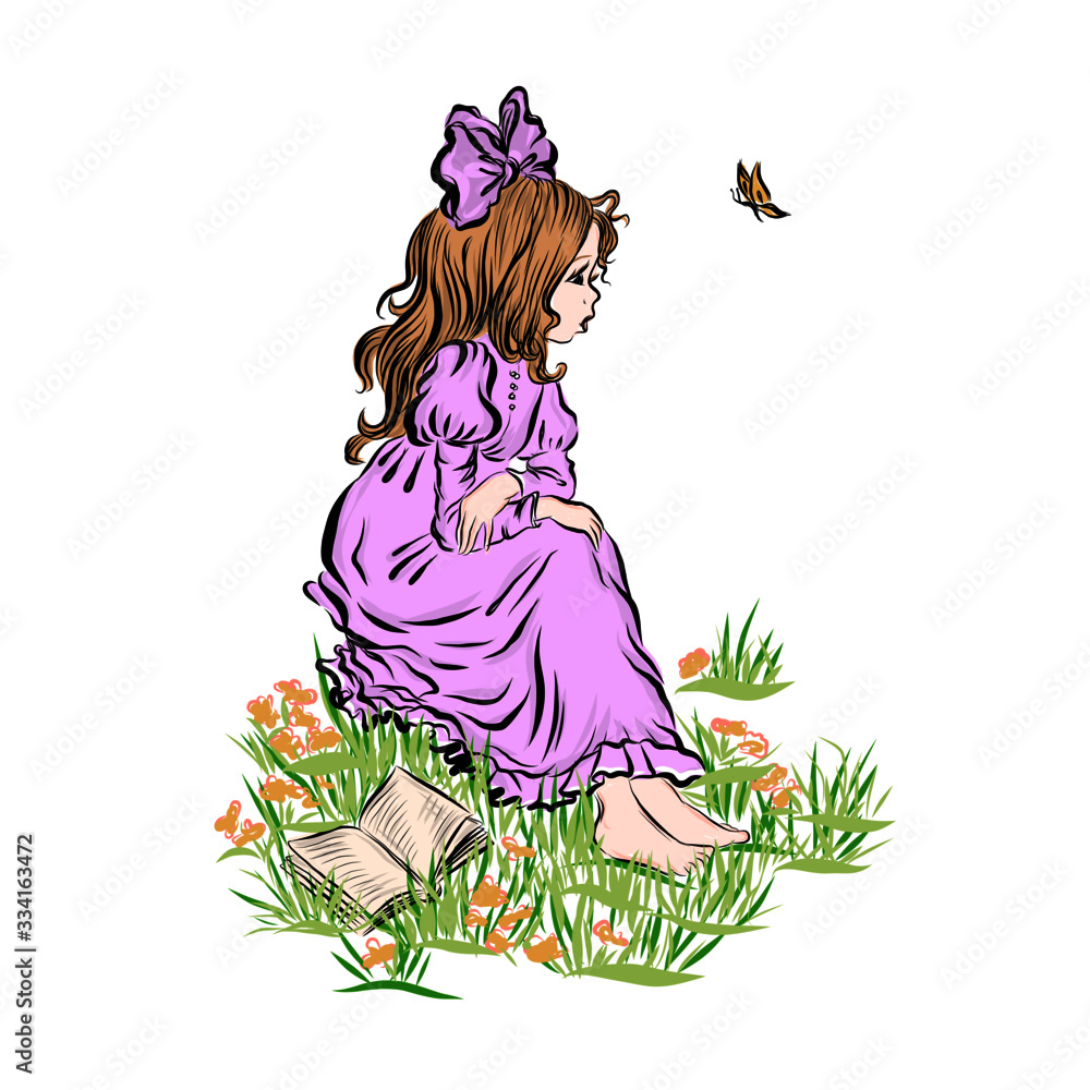 Girl with flowers dressed in a vintage dress, little cute princess ...