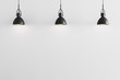 Three black pendant light on white wall background, ceiling lights, white wall with pendant lights mockup, 3d rendering