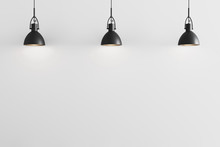 Three Black Pendant Light On White Wall Background, Ceiling Lights, White Wall With Pendant Lights Mockup, 3d Rendering