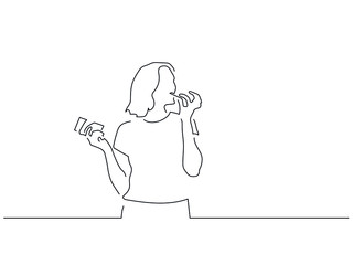 Wall Mural - Woman eating isolated line drawing, illustration design. Food collection.