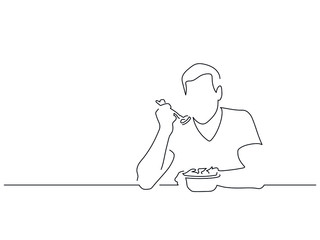 Wall Mural - Man eating isolated line drawing, illustration design. Food collection.