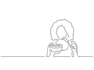 Woman eating isolated line drawing, illustration design. Food collection.