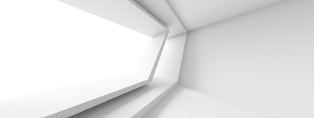 Futuristic Interior Design. White Room with Window. Minimalistic Abstract Architecture Background