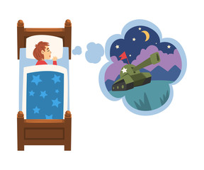 Poster - Cute Girl Sleeping in Bed and Dreaming About Military Tank, Kid Lying in Bed Having Sweet Dreams Vector Illustration