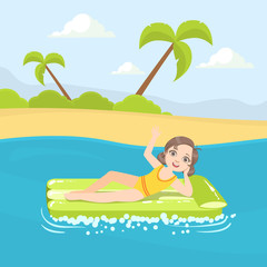 Sticker - Girl Floating on Air Mattress in the Sea or Ocean at Summer Vacations Vector Illustration Vector illustration