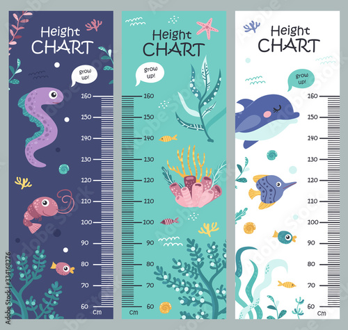 Cuadros en Lienzo Kids height chart with seaweed and sea animals.