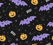 Cute seamless Halloween pattern with bats and pumpkins