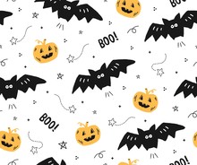 Cute Seamless Halloween Pattern With Bats And Pumpkins