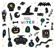 Witchcraft magic set of hand drawn Halloween doodle icons.