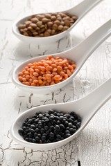 Wall Mural - Different assorted lentils mix with red, brown and black beluga lentils in white spoons on white wooden table background