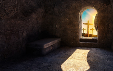 Sticker - He is Risen. Empty Tomb. Crucifixion at Sunrise. -3d rendering. - Illustration.