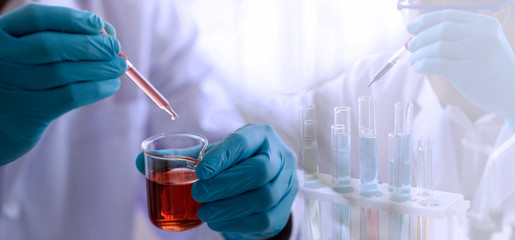 Wall Mural - laboratory research concept; scientist dropping chemical reagent into beaker. research in chemical l
