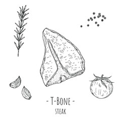 T-Bone steak. Vector cartoon illustration. Isolated object on a white background. Hand-drawn style.