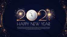 Happy New 2021 Year Elegant Gold Text With Fireworks, Clock And Light. Minimalistic Text Template.
