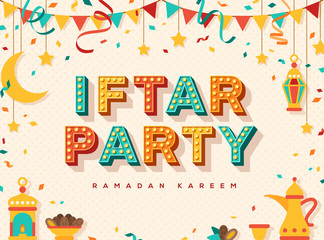 Wall Mural - Iftar party celebration concept flyer. Vector Illustration. Sweet Dates, Fanous Lantern and Arabic coffee mug. Islamic Holy Month Ramadan Kareem. 3d Retro Typography Design