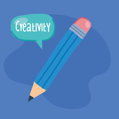 Sticker - pencil creative with speech bubble in blue background vector illustration design