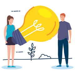 Wall Mural - couple creative with light bulb in landscape vector illustration design