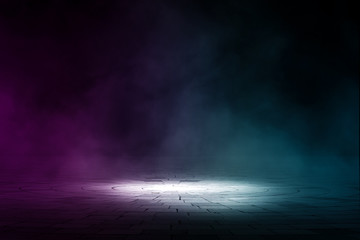 Wall Mural - dark background, concentrate floor with glowing purple light stage. 