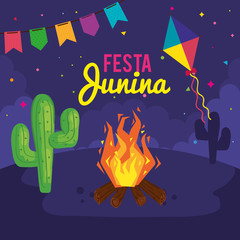 Poster - festa junina poster with bonfire and icons traditional vector illustration design