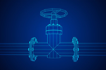 Oil pipeline with valve business concept. Finance economy polygonal petrol production. Petroleum fuel industry transportation line. Wireframe low poly mesh vector illustration.