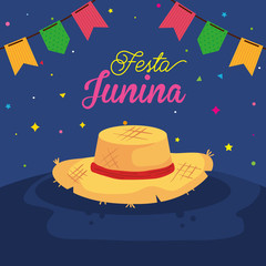 Poster - festa junina poster with hat wicker and decoration vector illustration design