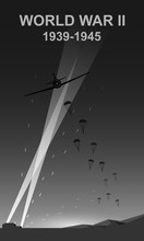 World War II 1939-1945 Black And White Vector Illustration. Paratrooper Landing In Night Monochrome Icon.