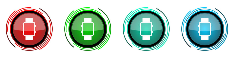 Leinwandbilder - Smartwatch round glossy vector icons, set of buttons for webdesign, internet and mobile phone applications in four colors options isolated on white background