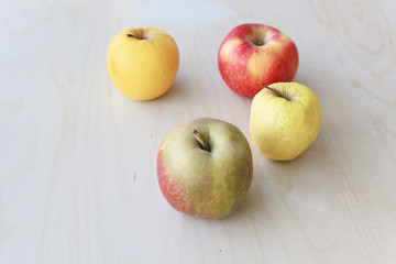 Fresh apples fruits isolated on wood kitchen table natural light ingredient for healthy cooking