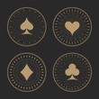 Playing cards suits icons with art deco frames. Old golden ornament patterns and casino symbols on dark background. The style of the 1920s - 1930s. Vector illustration.