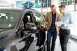 © alfa27 - young affable consultant talking about features of new car to customer. business man listen to him, choosing new auto in dealership